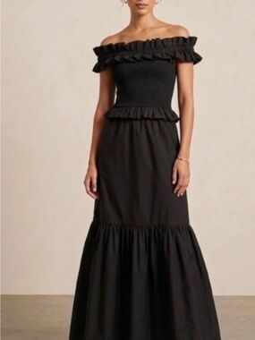 NWT Caroline Constas Black Ruffled Off-Shoulder Smocked Dress